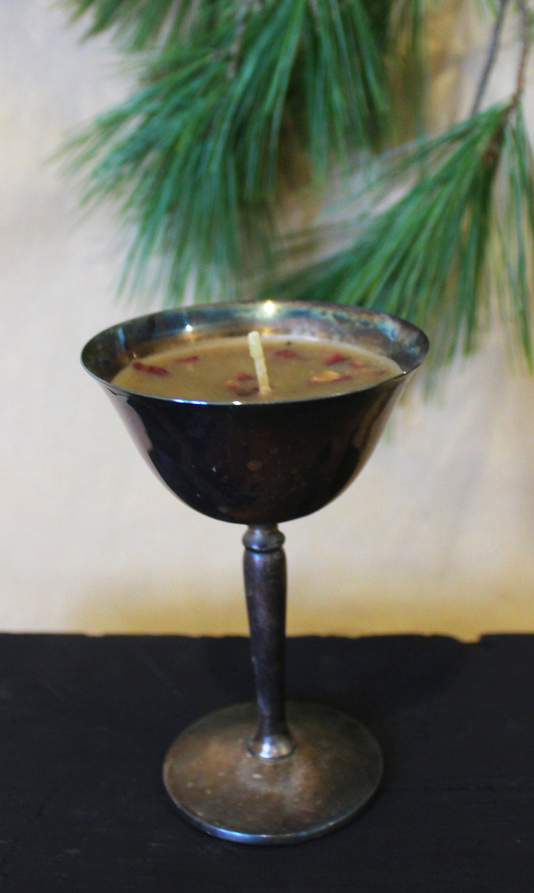 Organic Beeswax Candle with Rose Petals in Pewter Goblet